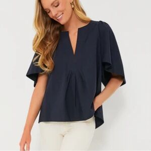 Womens Navy Split-Neck Short Sleeve Blouse